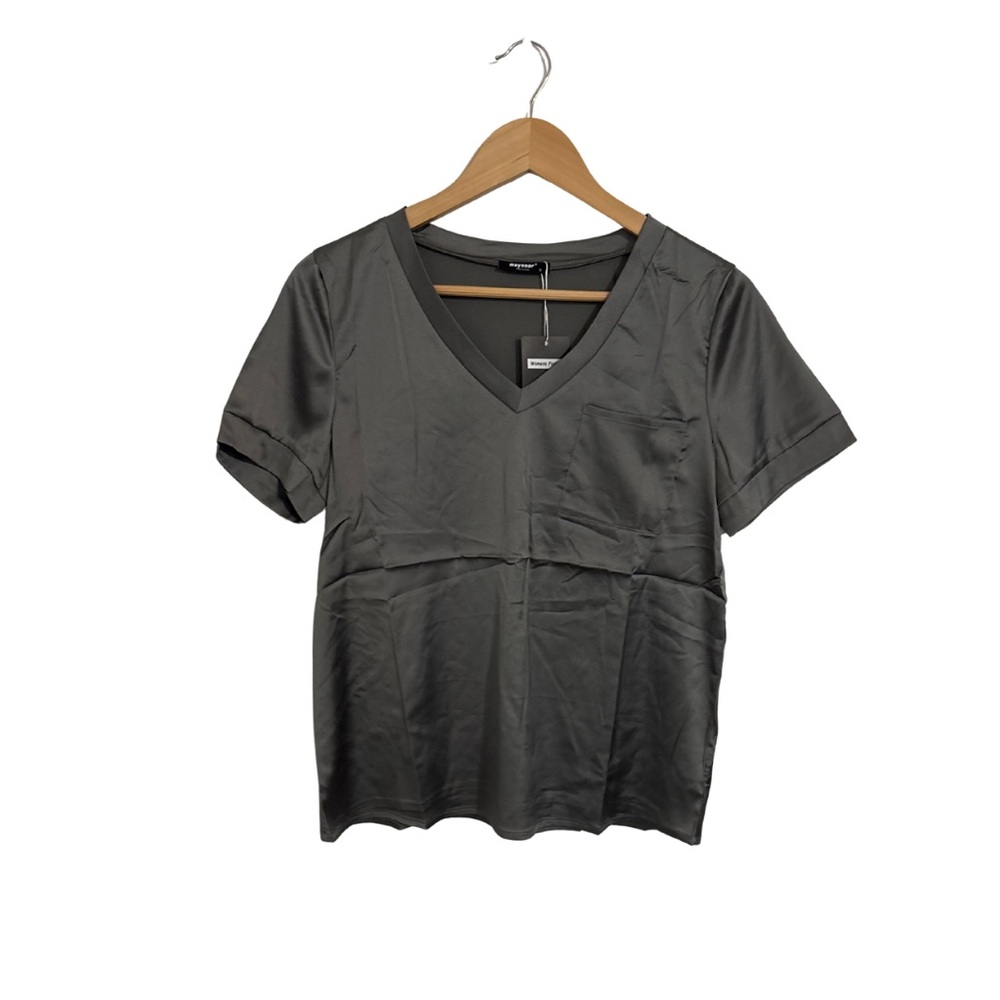 Chic Charcoal V-Neck Women's Top With Front Pocket